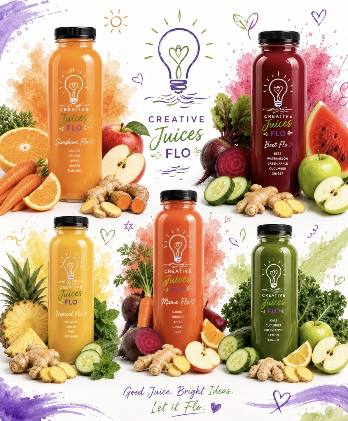 Creative Juices Flo juice bottle collage flyer