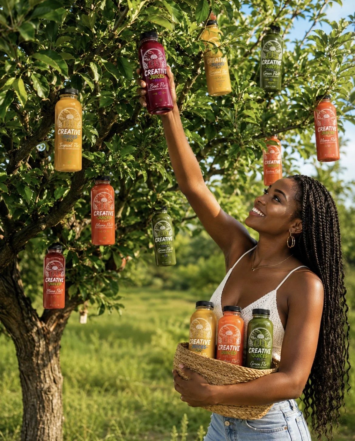 Woman picking Creative Juices Flo from a fresh juice tree