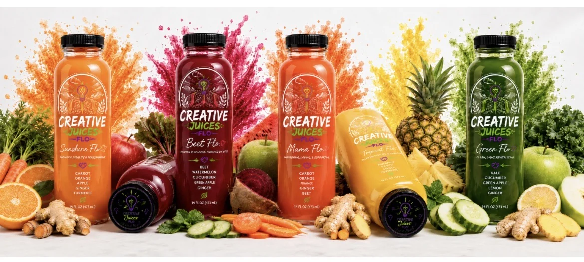 Creative Juices Flo approved juice lineup with fresh ingredients